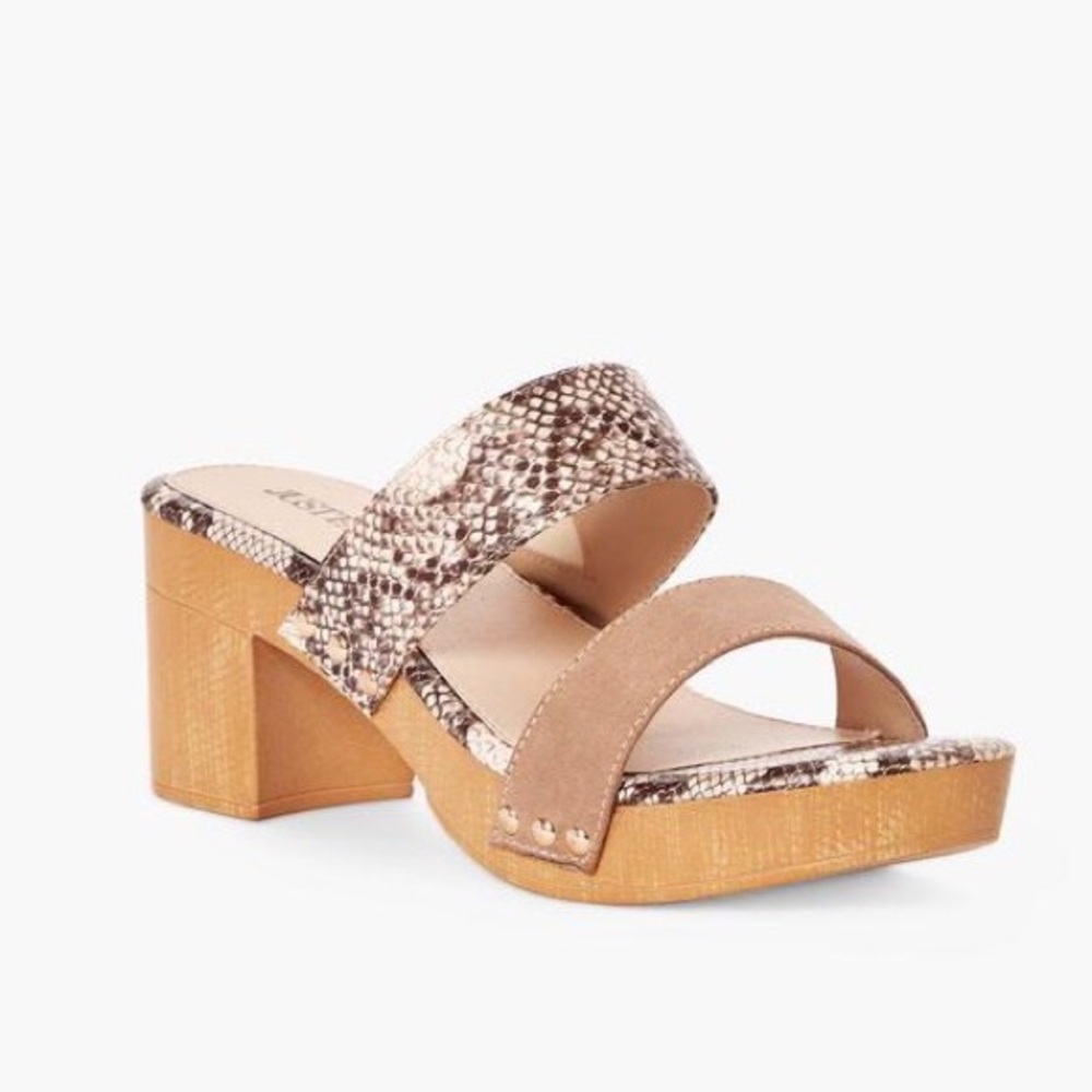 Double strap taupe snake skin clog mule